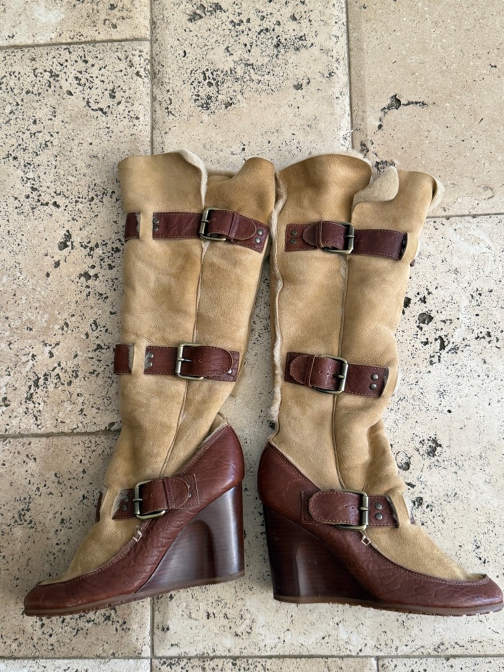 Fendi Tan and Brown Leather Wedge Knee Boots